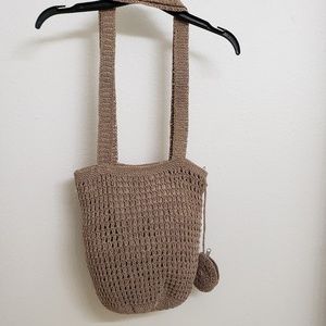 Crochet Boho Tan Shoulder Bag with Zip Closure
